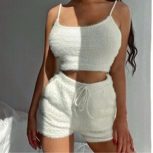 MESHKI Fluffy Crop Top & Hi-Rise Shorts Set